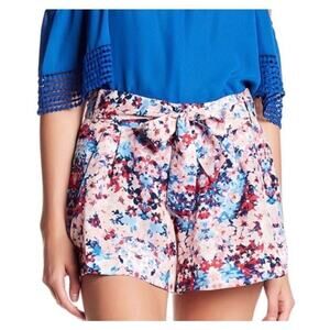 Parker Floral Print Tie Belted High Waist Pleated Flowy Shorts Pink Blue Red - S